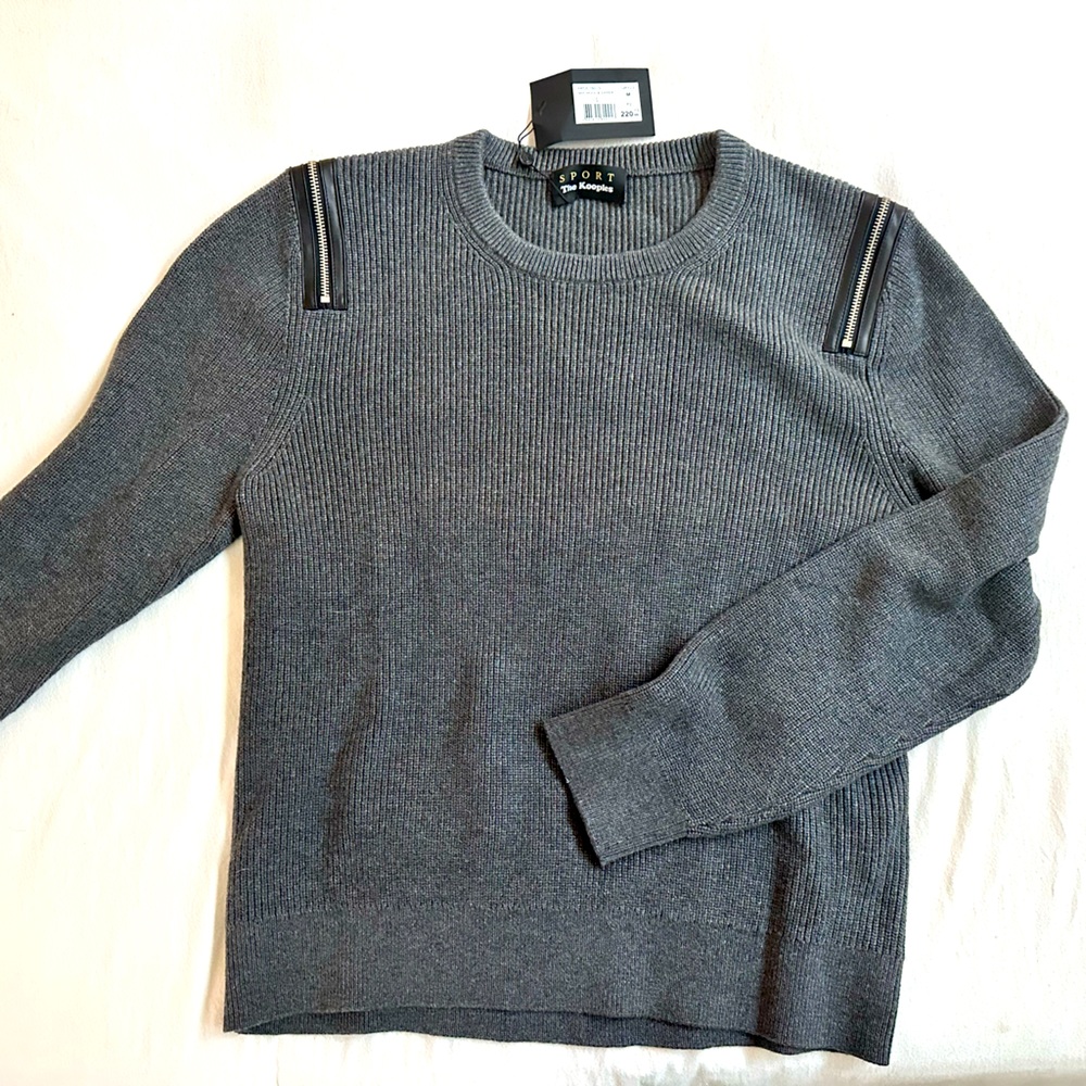 The Kooples Sport Gray Sweater with Leather Zipper Detail - BRAND NEW WITH TAGS